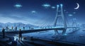 Futuristic Bridge Construction: Drones, Workers, and Crescent Moon at Night Royalty Free Stock Photo