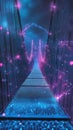 Futuristic Bridge Illuminated by Neon Lights and Sparkles at Night with Deep Perspective Royalty Free Stock Photo
