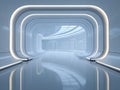 Futuristic bright corridor with smooth curved walls and integrated led lighting reflecting on glossy pristine floor in an advanced Royalty Free Stock Photo