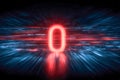 Futuristic bright red glowing zero symbol surrounded by streaming binary code on a dark digital background with dynamic light Royalty Free Stock Photo