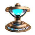 Futuristic bronze energy device with glowing blue plasma orb and intricate metallic design Royalty Free Stock Photo
