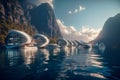 Futuristic building on a calm lake surrounded by mountains, future architecture Royalty Free Stock Photo