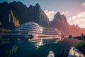 Futuristic building on a calm lake surrounded by mountains, future architecture Royalty Free Stock Photo