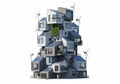 A futuristic building composed of stacked, modular units with modern architectural design. The Royalty Free Stock Photo