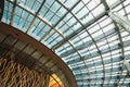 Futuristic building interior, details. Inside indoor modern building. Glass roof and walls, glass architecture, interior, view