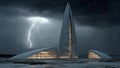 Futuristic Building with Lightning Storm Weather Royalty Free Stock Photo