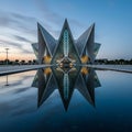 Futuristic building with sharp, angular architecture reflecting on a calm water surface. Royalty Free Stock Photo