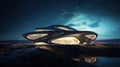 Futuristic buildings beneath night sky