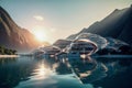 Futuristic building on a calm lake surrounded by mountains, future architecture Royalty Free Stock Photo