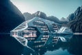 Futuristic building on a calm lake surrounded by mountains, future architecture Royalty Free Stock Photo