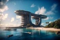 Futuristic tropical landscape with an elegant building of future architecture