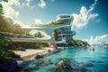 Futuristic tropical landscape with an elegant building of future architecture