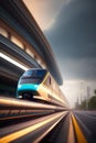 Futuristic bullet train on the rail passing through the city. Generative AI_3