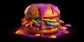 Futuristic burger with colorful sauce.