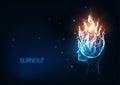 Futuristic burnout, stress concept with glowing low polygonal human head and fire isolated on dark blue