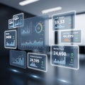 Futuristic Business Intelligence: Digital KPI Dashboard with Holographic Data Visualization for Financial Analysis, Strategic Royalty Free Stock Photo