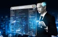 Futuristic Businessman Analyzing Data on Augmented Reality Screen with AI Interface in Urban Environment Quark Royalty Free Stock Photo