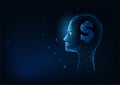 Futuristic businessman concept with glowing low polygonal human head and dollar sign on dark blue