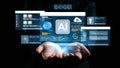 Futuristic Businessman Holding Digital AI Interface with Data Analysis, Statistics, and Graphs Representing Technology Royalty Free Stock Photo