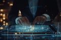 Futuristic Businessman Interacting with a Transparent Digital Interface Displaying Complex Data and Analytics Royalty Free Stock Photo