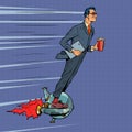 A futuristic businessman rides an electric unicycle, a man drinks morning coffee