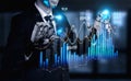 Futuristic Businessman with Robot Hands Analyzing Data and Financial Graphs, Representing Technology and Innovation in Royalty Free Stock Photo