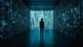 Futuristic businessman standing in glowing corridor watching data generated by AI