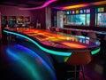 Futuristic cafe with pulsating lights and interactive menu