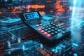 Futuristic calculator on digital interface showing data analysis and calculations technology future finance digital numbers Royalty Free Stock Photo