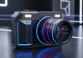 Futuristic camera design featuring sleek black casing with geometric lines and vibrant Royalty Free Stock Photo