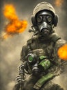 futuristic camouflage sniper soldier in gas mask during biohazard poison outbreak