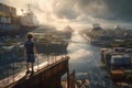 Sci-Fi Child Witnessing Bustling Canal with Futuristic Cargo Ships in Ultra Realistic Photography