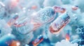 Futuristic capsules with digital molecular structures floating in a high-tech, bokeh background.
