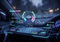 Futuristic car dashboard featuring a digital interface with vibrant multicolored displays. The Royalty Free Stock Photo