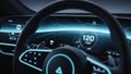 Futuristic car dashboard with glowing blue digital showing speed and navigation data on a dark interior Royalty Free Stock Photo