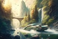 futuristic car with driver enjoying the view of towering trees and rushing river