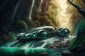 futuristic car with driver enjoying the view of towering trees and rushing river