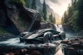 futuristic car drives past rushing river in stunning natural setting Royalty Free Stock Photo