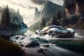 futuristic car drives past rushing river in stunning natural setting Royalty Free Stock Photo