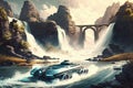 futuristic car drives past rushing river, with the waterfalls in the background Royalty Free Stock Photo