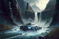 futuristic car drives past rushing river, with the waterfalls in the background Royalty Free Stock Photo