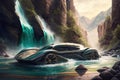 futuristic car drives past rushing river, with the waterfalls in the background Royalty Free Stock Photo