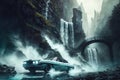 futuristic car drives past towering waterfall with misty spray Royalty Free Stock Photo