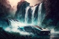 futuristic car drives past towering waterfall with misty spray Royalty Free Stock Photo