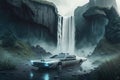 futuristic car drives past towering waterfall with misty spray Royalty Free Stock Photo