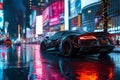 Futuristic Car Driving Down a City Street at Night, A matte black sports car on a shimmering city street at night, AI Generated Royalty Free Stock Photo