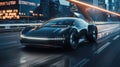 A futuristic car is driving down a road at night Royalty Free Stock Photo