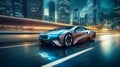 Futuristic car driving in modern city, motion blur, long exposure.