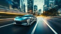 Futuristic car driving in modern city, motion blur, long exposure.