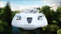 Futuristic car flying over the city, landscape. Transport of the future. Aerial view. 3d rendering.